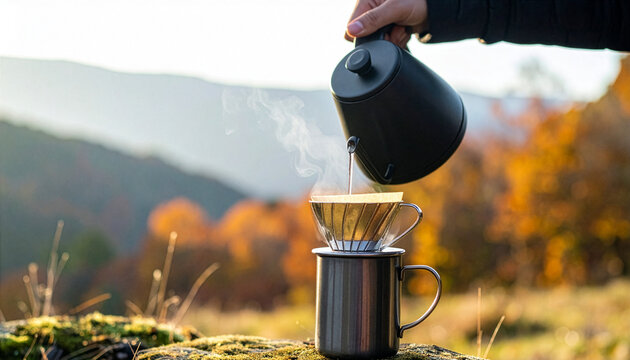 紅葉した秋の山々をバックにケトルでお湯を注ぐ野外ドリップコーヒー