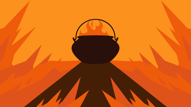 Magic cauldron halloween fire flame vector illustration spooky banner design graphic art with cauldron halloween illustration seasonal celebration silhouette template
