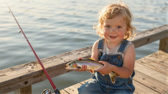 Happy child holds fish on dock, smiling with fishing rod nearby.