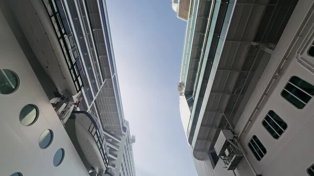 POV walk between massive cruise ships docked in Kusadasi port