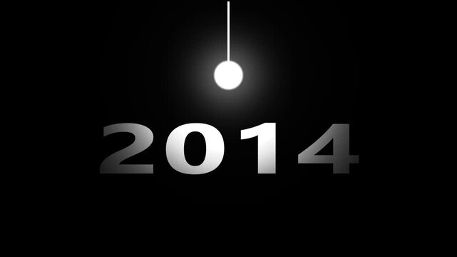 New year 2014 greeting text with swinging light bulb on black background loop.