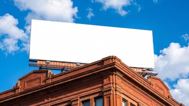 Blank White Billboard Mockup on Top of Red Brick Building Against Blue Sky with Clouds