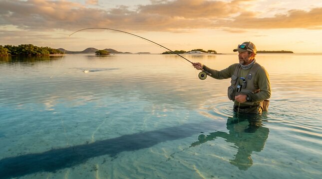 Los roques fly fisherman casting line in shallow tropical water