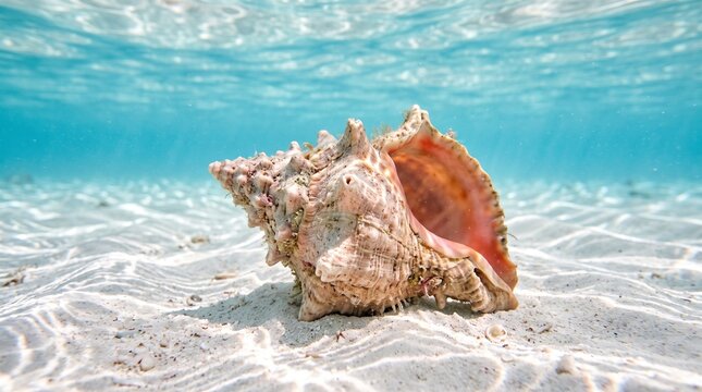 Los roques conch shell resting on white sand underwater