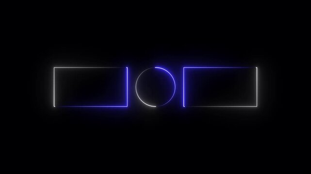 A futuristic abstract composition featuring three glowing neon outlines on a black background with a central circle flanked by two rectangles in blue and white light, suggesting a modern UI or