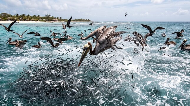 Los roques pelicans diving into a school of fish in turquoise water