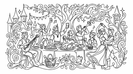 Obraz premium Medieval Feast and Celebration Illustration - Black and White Line Art