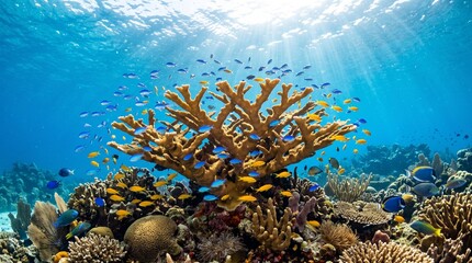 Los roques coral reef with tropical fish and sun rays underwater © Almasa 