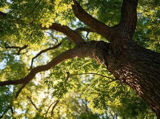 Fototapeta premium Looking up through green leaves and tree branches