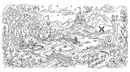 Obraz premium Enchanting Fantasy Landscape: Castle, Village, Dragon, and Nature - Line Art