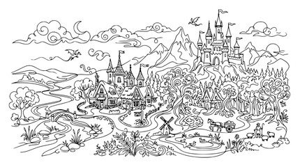Obraz premium Enchanted Fantasy Kingdom Landscape with Castle, Village, Dragons, and Horse Carriage