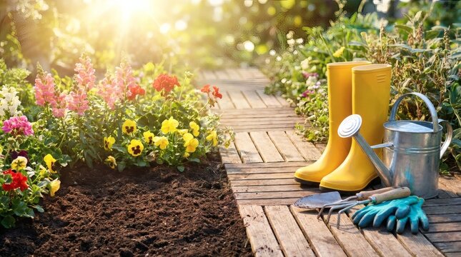 Bright garden path with colorful flowers and gardening tools ready for spring planting.