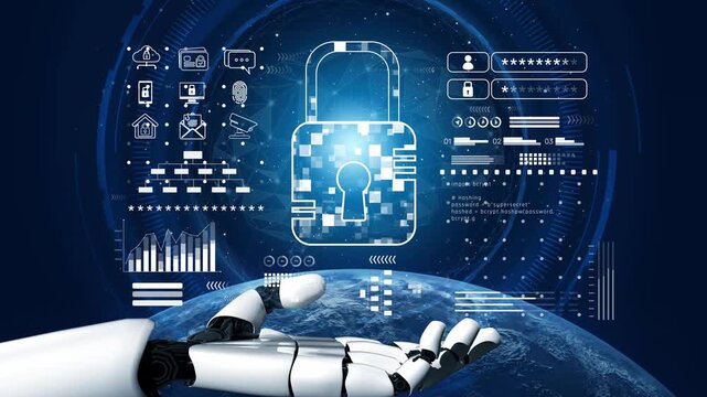 AI safeguarding cyber security system, monitoring threats, analyzing attack patterns, and securing digital infrastructure using intelligent encryption protocols. Marrow
