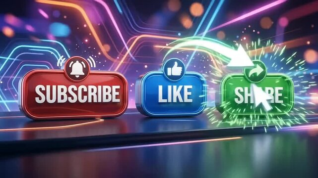 Subscribe like share buttons animation with interactive mouse cursor interface design for social media marketing video motion background elements