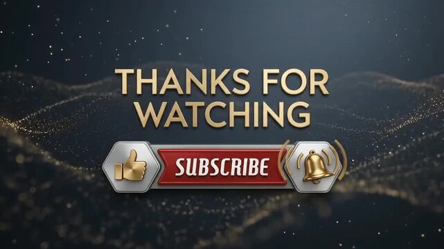 Subscribe button gold animation overlay for social media channels featuring motion graphics and thanks for watching text video clip