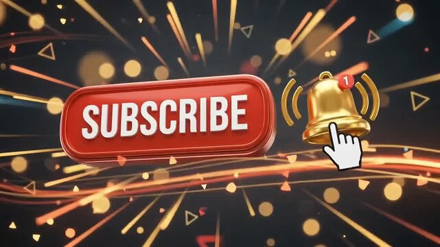 Subscribe button animation with golden notification bell and dynamic light trails for social media channel promotion video motion graphics