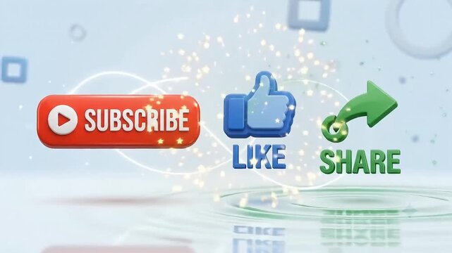 Subscribe like share 3D render buttons social media notification elements motion graphics video concept for digital marketing content creator