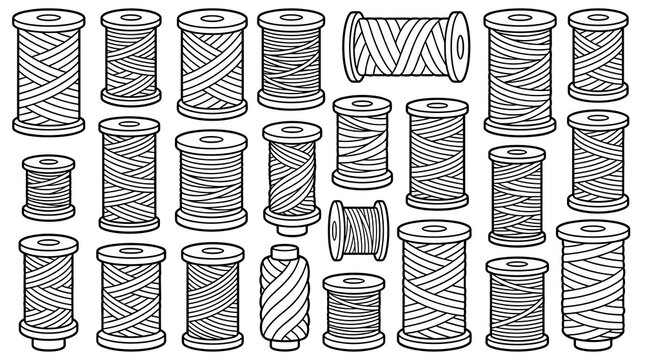 Collection of diverse thread spools and bobbins, black outline illustration on white background, graphic elements