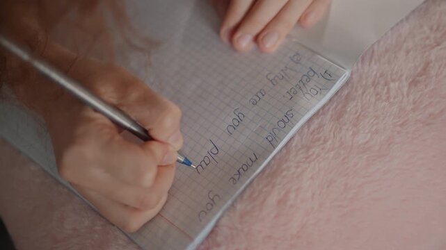 Close-up hands writing mathematical equations on graph paper using pencil, with fingers steadying page and visible strokes showing active problem solving, focused note taking, and careful study