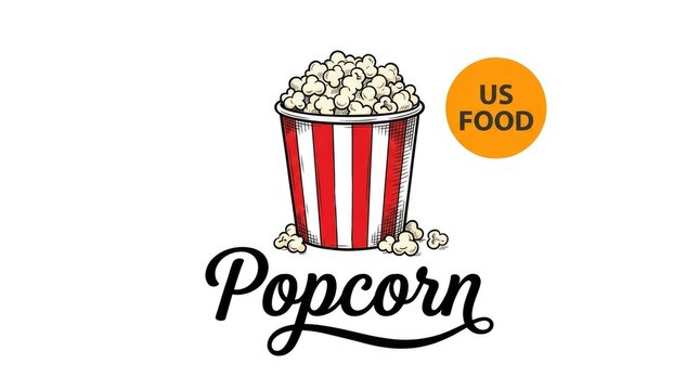 Classic striped bucket filled with crunchy popcorn featuring creative hand drawn ink style vector art illustration