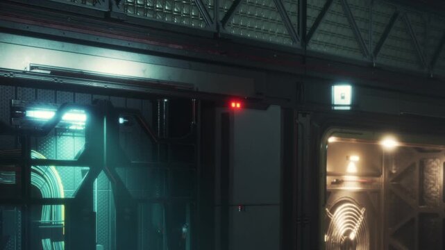 A hallway filled with glowing lights and advanced technology can be seen. The design incorporates metallic walls, dark corners, and illuminated panels. It looks like a sci fi setting.