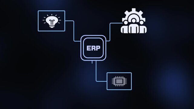 Enterprise Resource Planning system concept with cloud computing icon and tech node connections on dark background.