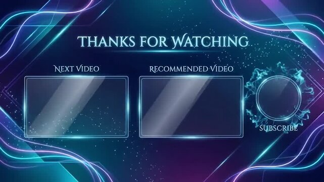 YouTube end screen template for video outro motion graphics featuring glowing blue neon abstract light overlays and editable placeholders