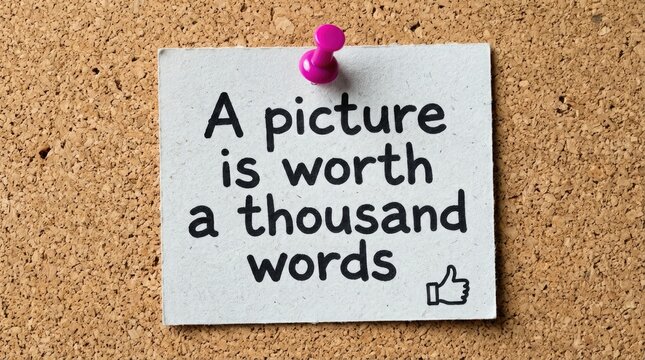 Paper note pinned to cork board displaying the famous motivational idiom about visual communication importance today