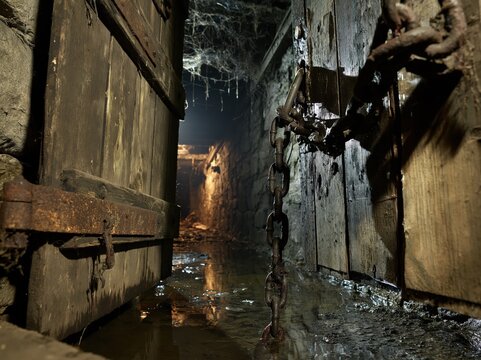 Open wooden doors with a rusty chain in a dark underground tunnel