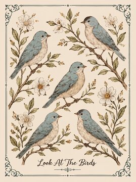 Look at the birds Christian scripture wall art print. Vintage bluebird floral branch botanical illustration. Bible verse quote poster home decor.