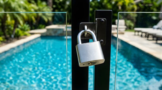 Steel padlock secured on a glass pool fence gate during a sunny day