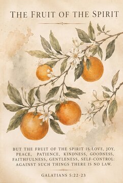 Fruit of the spirit Christian scripture wall art print. Vintage watercolor orange botanical illustration. Galatians bible verse poster home decor.