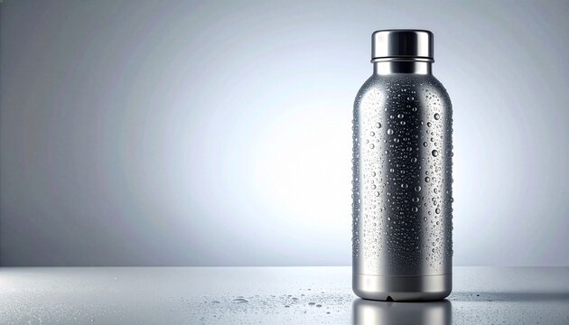 A chilled, stainless steel water bottle covered in condensation drops. It stands on a reflective surface against a clean, grey background. Ideal for hydration and eco-friendly concepts.