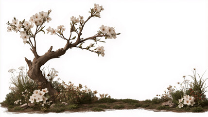 Fototapeta premium An image of a forked branch adorned with leaves, flowers, and soft, light-green moss, interspersed with various kinds of wildflowers.