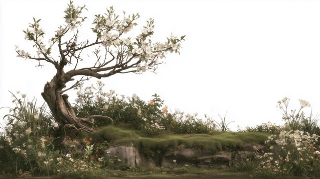 An image of a forked branch adorned with leaves, flowers, and soft, light-green moss, interspersed with various kinds of wildflowers.