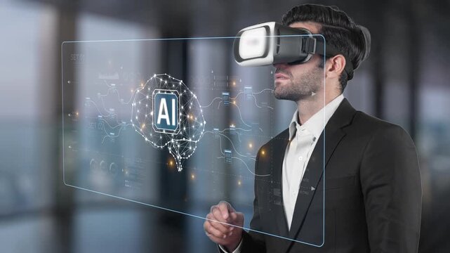 A businessman wearing a virtual reality headset interacts with an AI technology interface, showcasing a modern office environment filled with innovation and creativity. Raster
