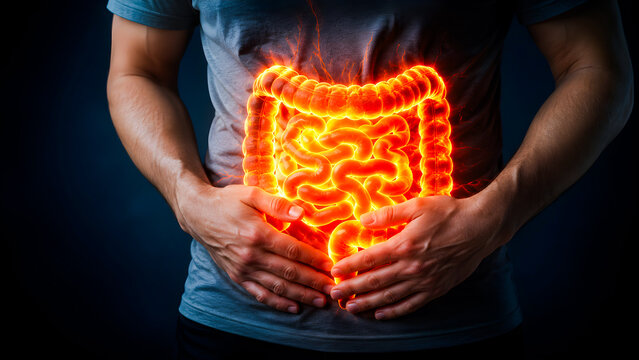 Glowing orange intestine inflammation on man, digestive system pain and gut health concept, glowing human anatomy illustration