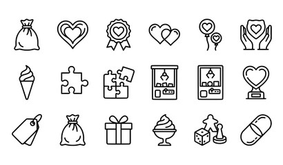 Fototapeta premium Valentines day love charity entertainment icons set vector line art collection for commercial mobile app interface branding lifestyle presentation website marketing process diagram web template