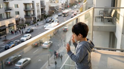 Fototapeta premium Young boy looking through glass balcony railing at city traffic below