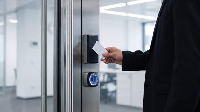 Electronic key card access for modern office security, businessman using rfid badge scanner, secure entrance to corporate building