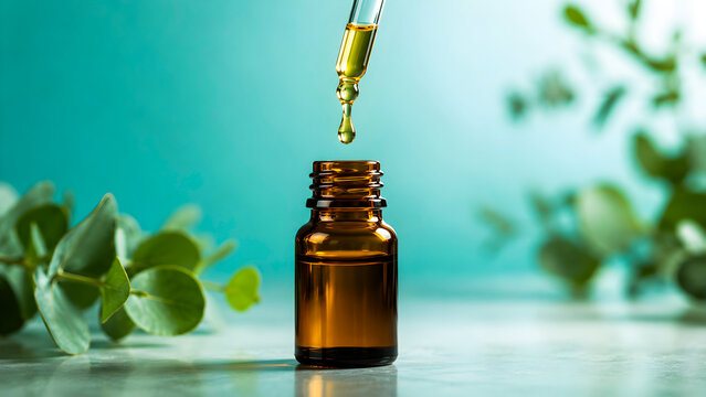 Essential oil amber bottle with glass dropper. Natural herbal serum for skincare and aromatherapy. Eucalyptus leaves on teal background.
