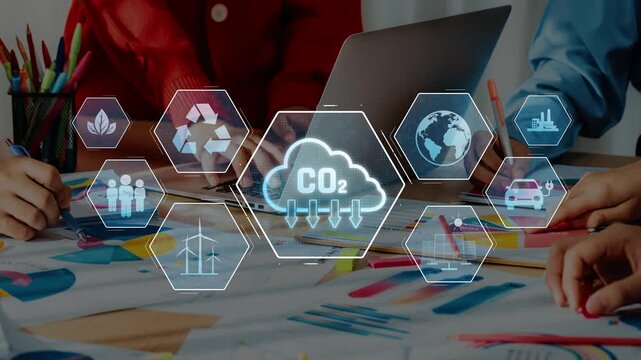 Professionals collaborate in a modern office to focus on environmental issues, utilizing digital tools to strategize solutions for CO2 reduction and sustainability efforts. Raster