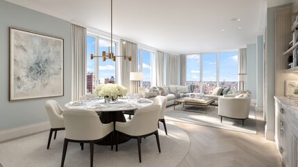 Fototapeta premium Elegant living room interior design with modern furniture and city view