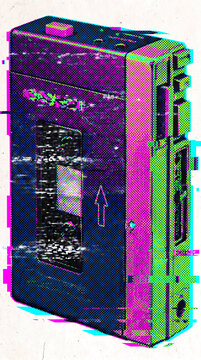 RGB color split halftone illustration of a portable cassette walkman glitching with magenta and cyan channel misalignment