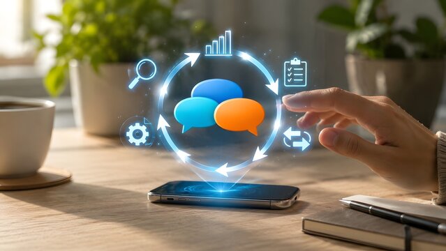Hand touching digital holographic speech bubbles and communication network icons hovering over smartphone on wooden desk