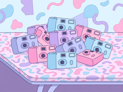 Loose cluster of pastel Y2K disposable cameras scattered across a confetti-print table against a blob-shaped pastel backdrop