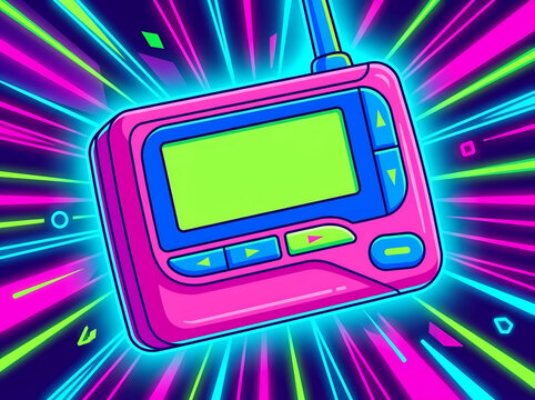 Hot pink and blue neon retro pager with glowing green screen bursting out of radiating cyan light rays