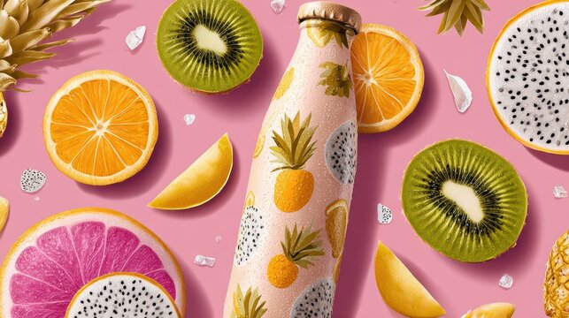 Colorful fruit juice bottle illustration with oranges kiwi pineapple and dragonfruit
