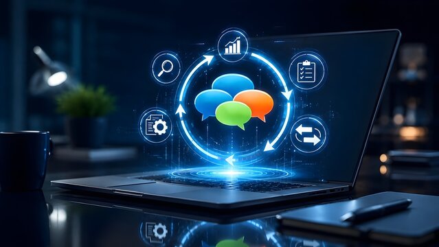 Glowing holographic speech bubbles and digital communication network cycle hovering over laptop computer keyboard