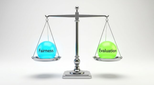Shiny metal scale balancing glowing blue fairness sphere and vibrant green evaluation sphere on white background